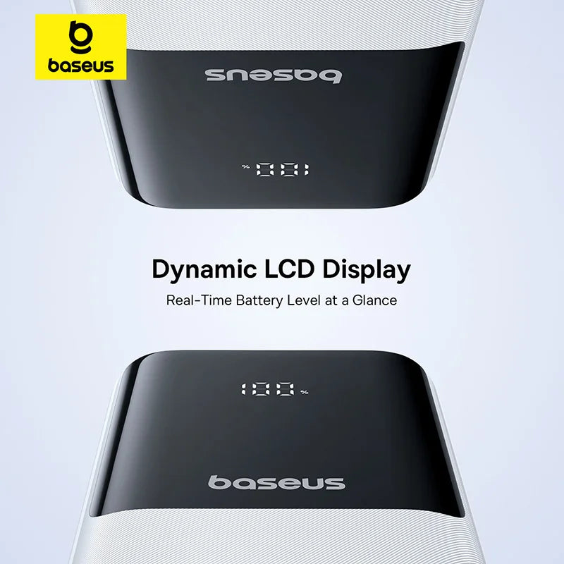 Baseus power bank with dynamic LCD display on a light gray background