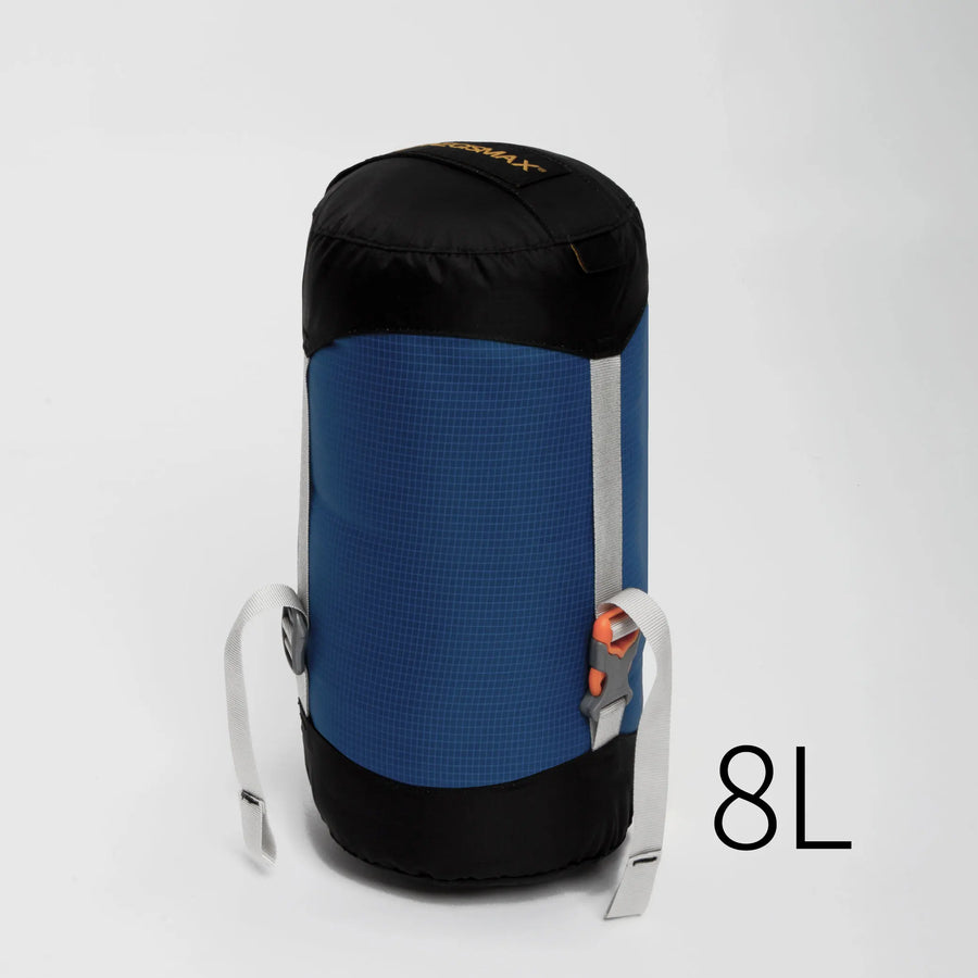 Blue and black bag with '8L' label on a white background