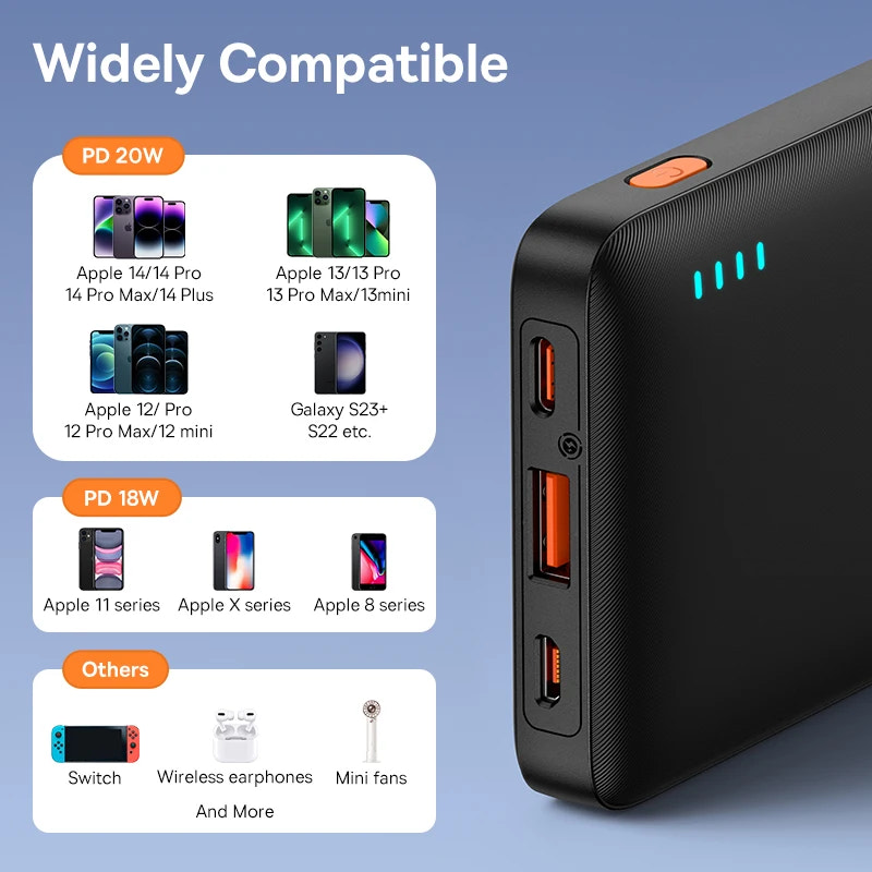 Black power bank with compatibility features on a blue background