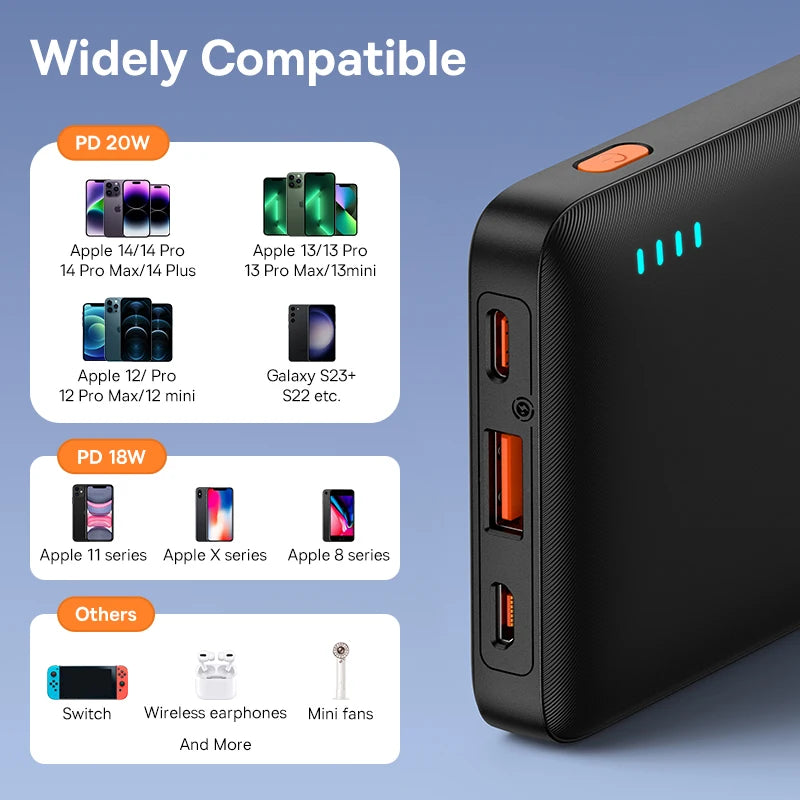 Black power bank with compatibility features on a blue background