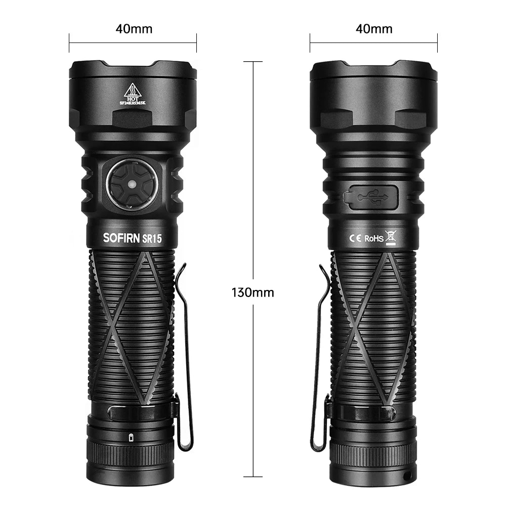 Two black flashlights with dimensions labeled on a white background