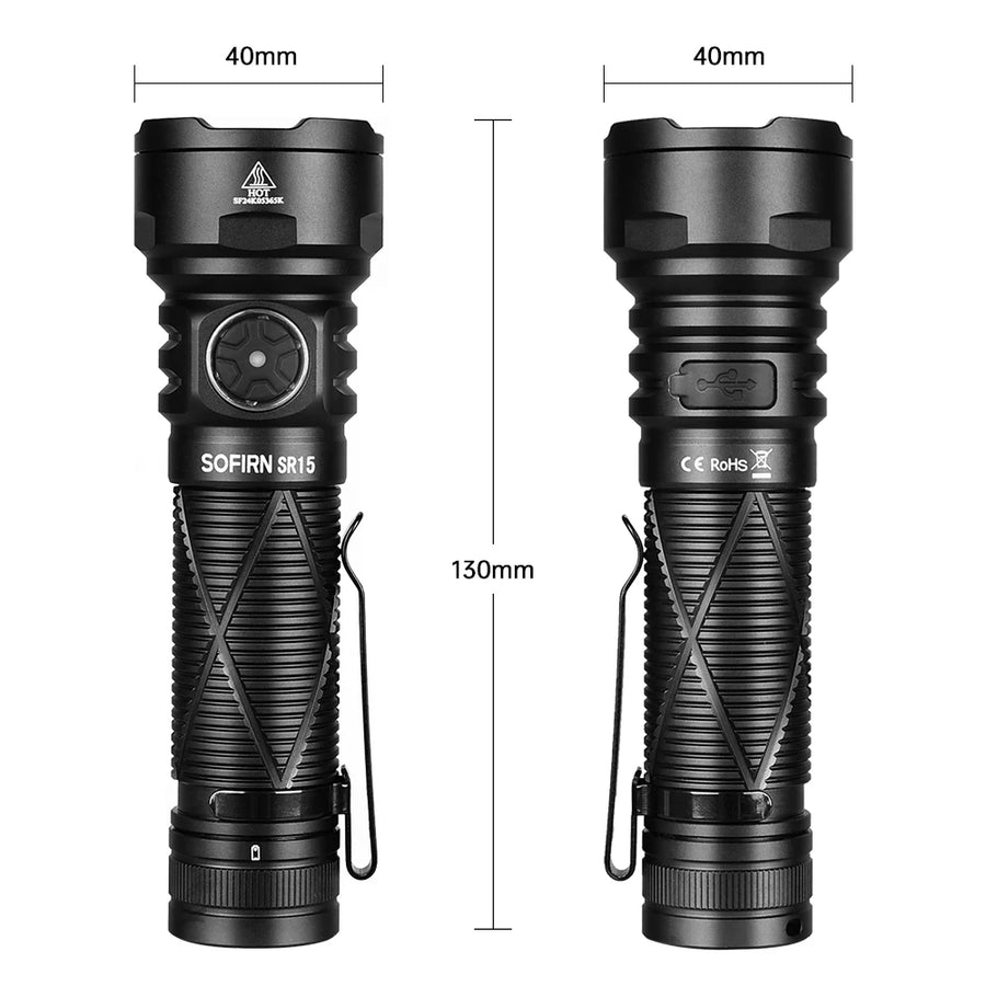 Two black flashlights with dimensions labeled on a white background