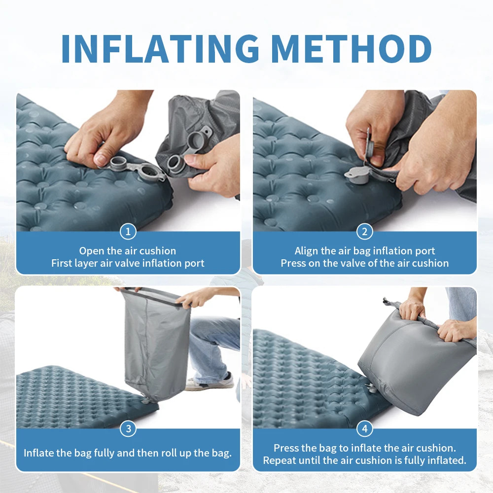 Step-by-step guide on how to inflate an air cushion with text labels.