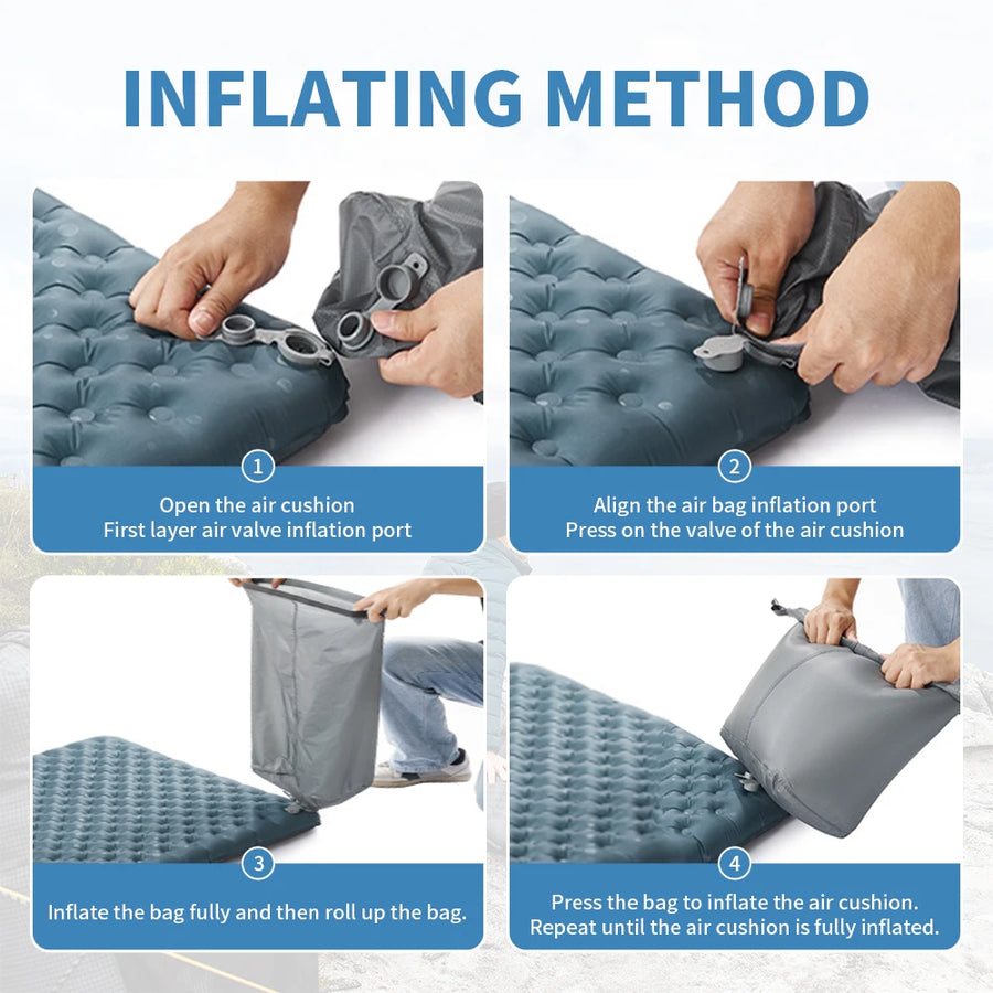 Step-by-step guide on how to inflate an air cushion with text labels.