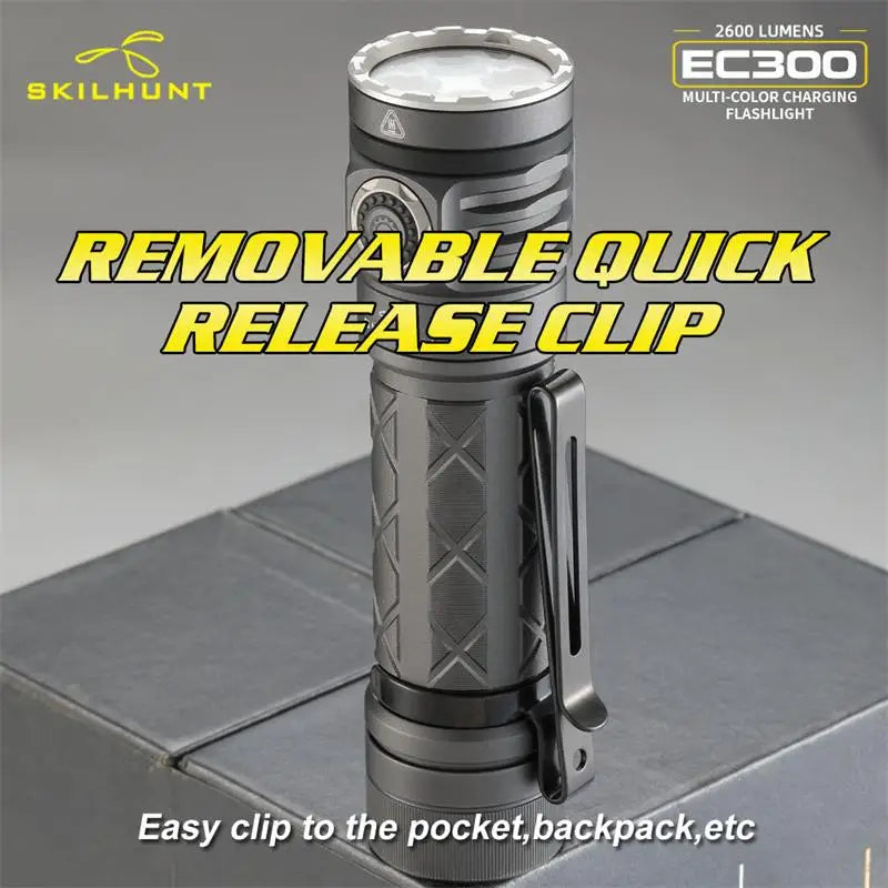 Skilhunt EC300 flashlight with removable quick release clip on a gray background