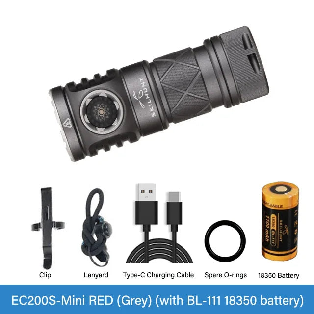 Skilhunt EC200S-Mini RED flashlight with accessories on a white background