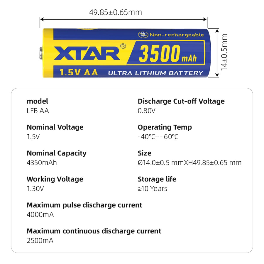 XTAR 3500mAh AA battery with specifications on a white background