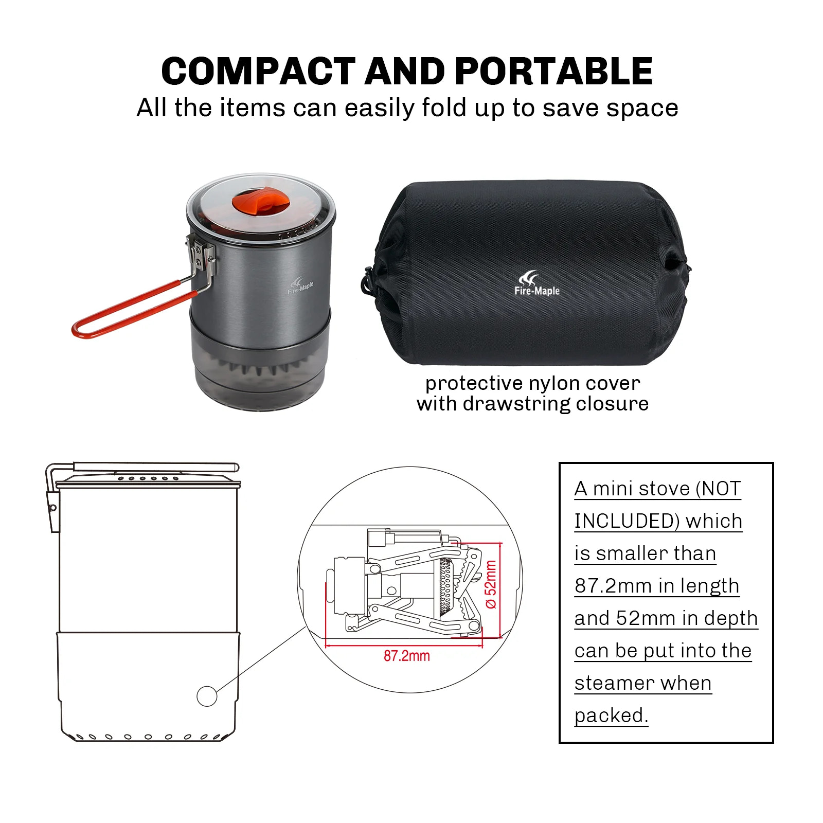 Portable stove and protective nylon cover with text highlighting compactness and portability.
