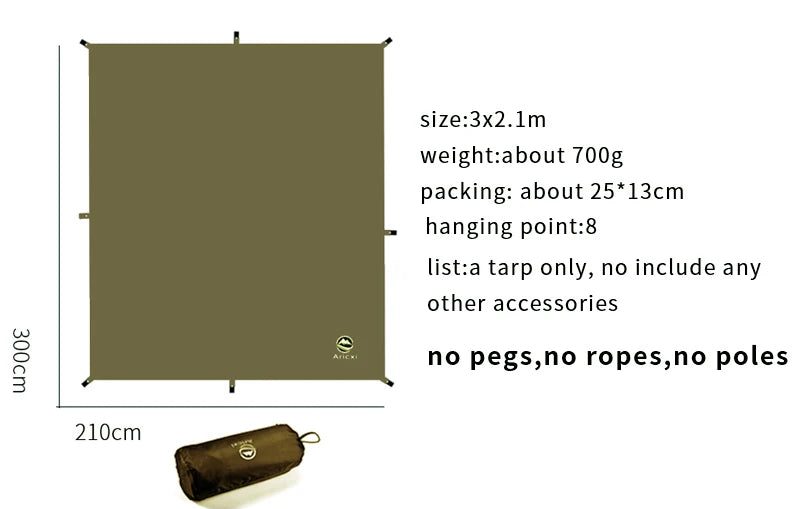 Tarp with dimensions, weight, and packaging details on a white background