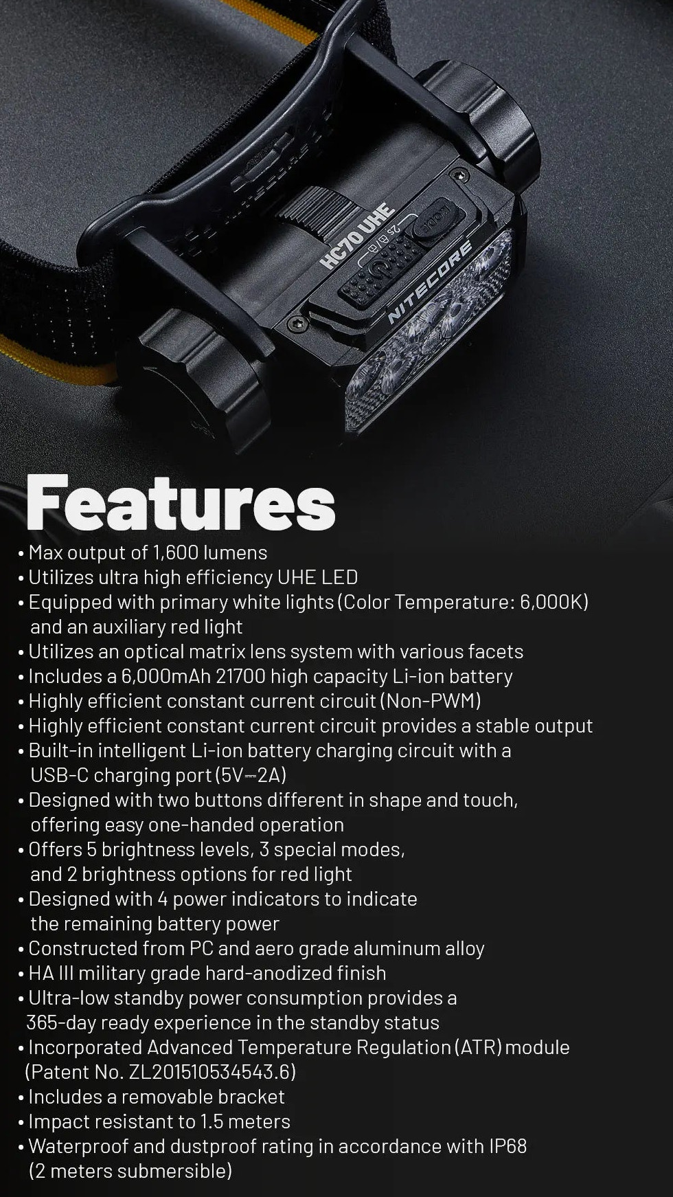 Black flashlight with features listed on a dark background