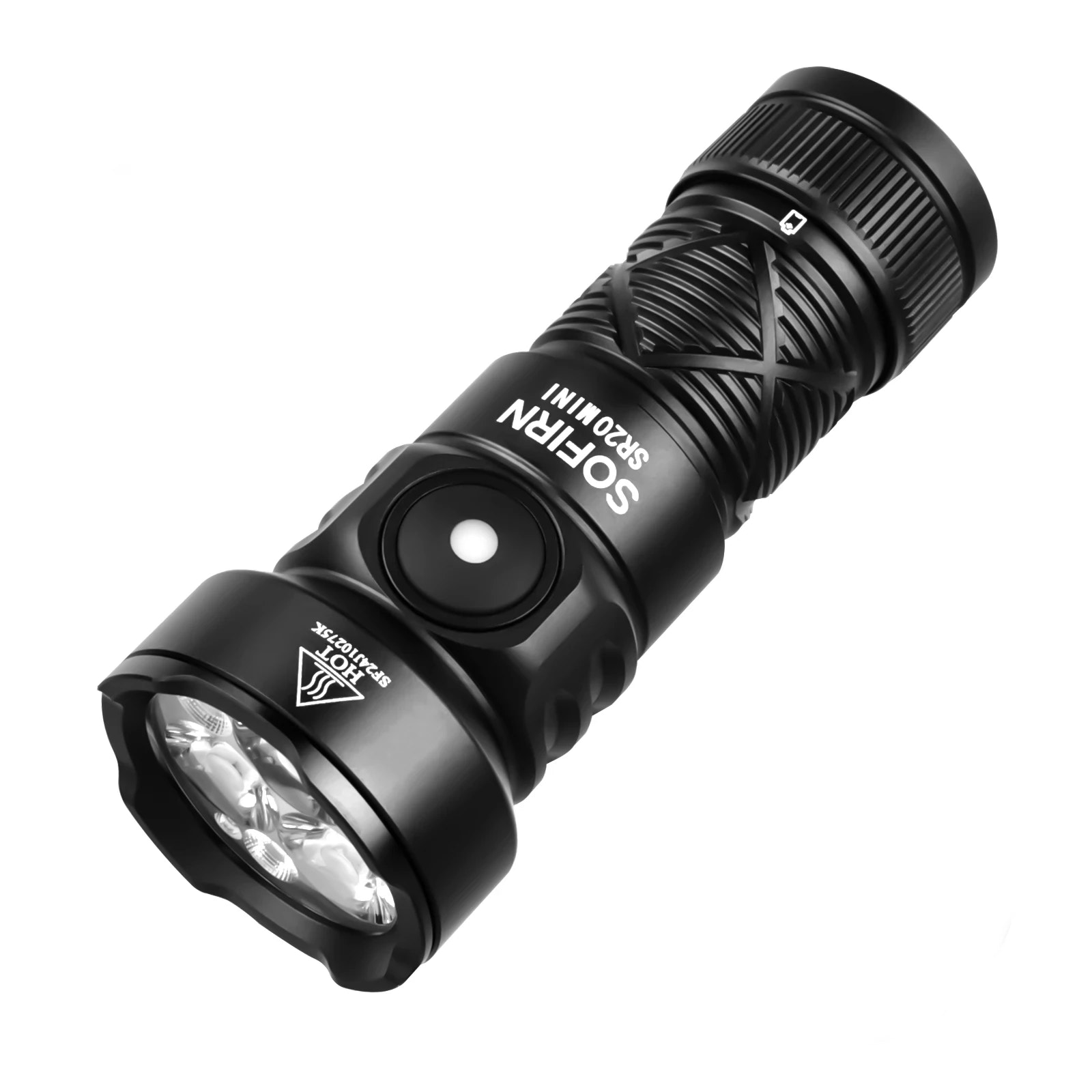 Black flashlight with visible branding on a white background