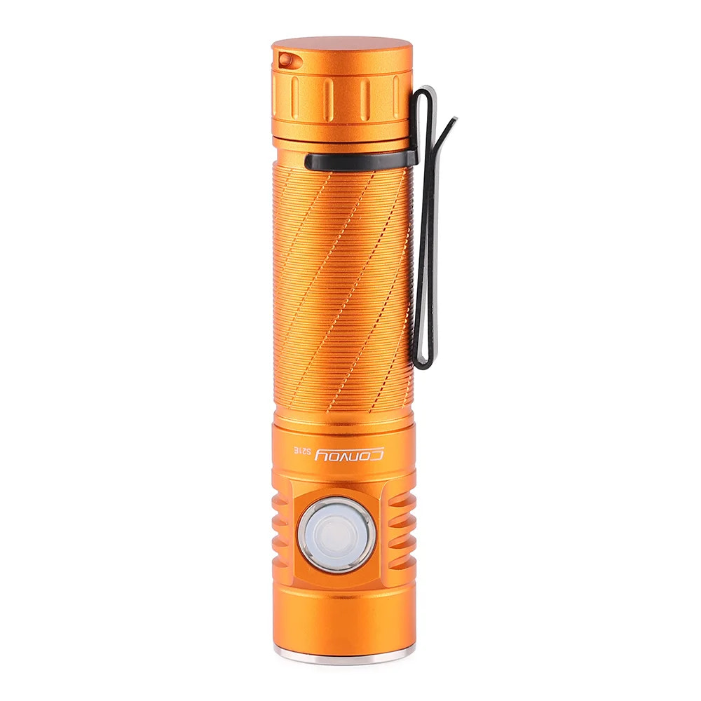 Orange flashlight with brand logo on a white background
