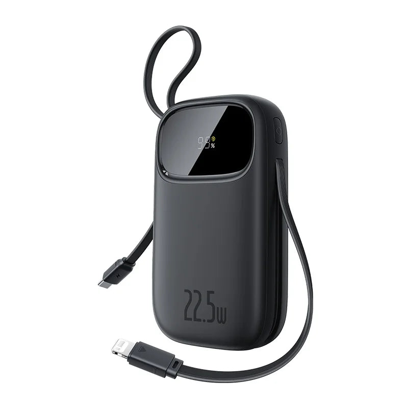 Black portable power bank with USB cable on a white background