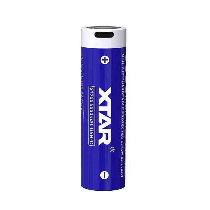 Blue Xtar rechargeable battery on a white background