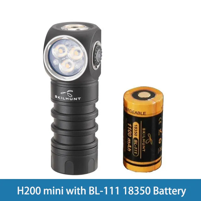 Black flashlight with Skilhunt branding and a black battery on a white background