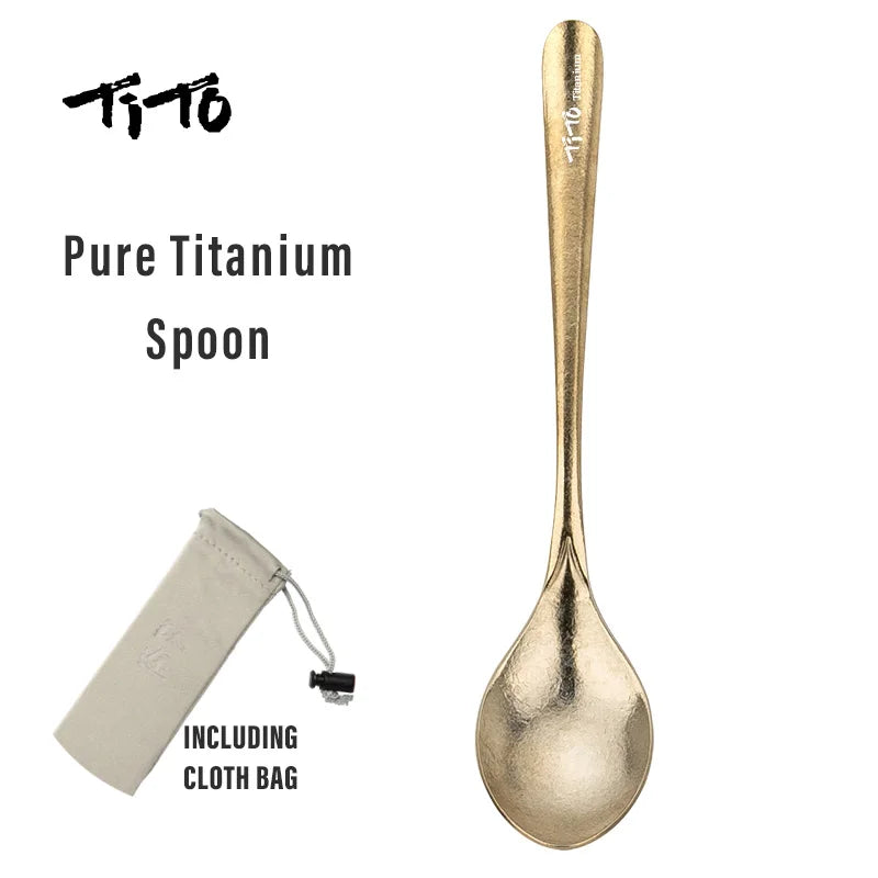 Pure Titanium Spoon with cloth bag on a white background, featuring the brand 'Tito'.