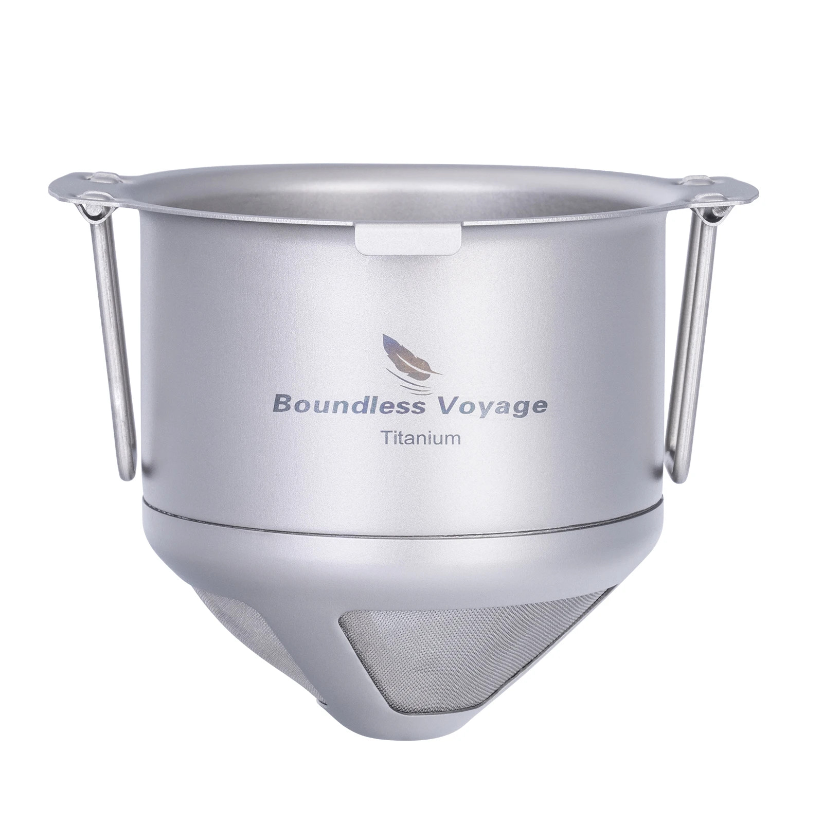 Titanium coffee filter with 'Boundless Voyage' branding on a white background