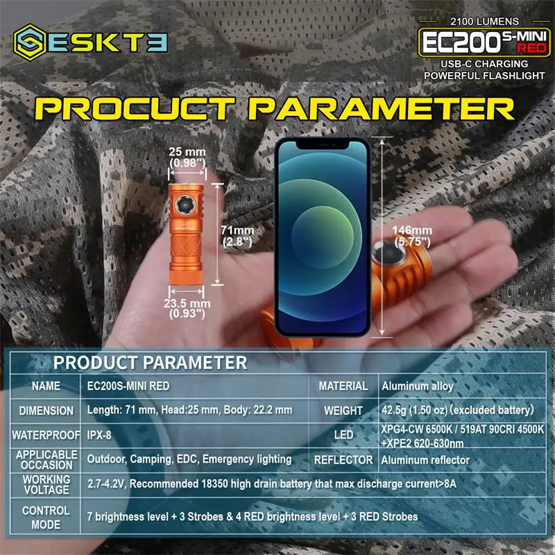 ESKT3 flashlight with product parameter details on a camouflage background