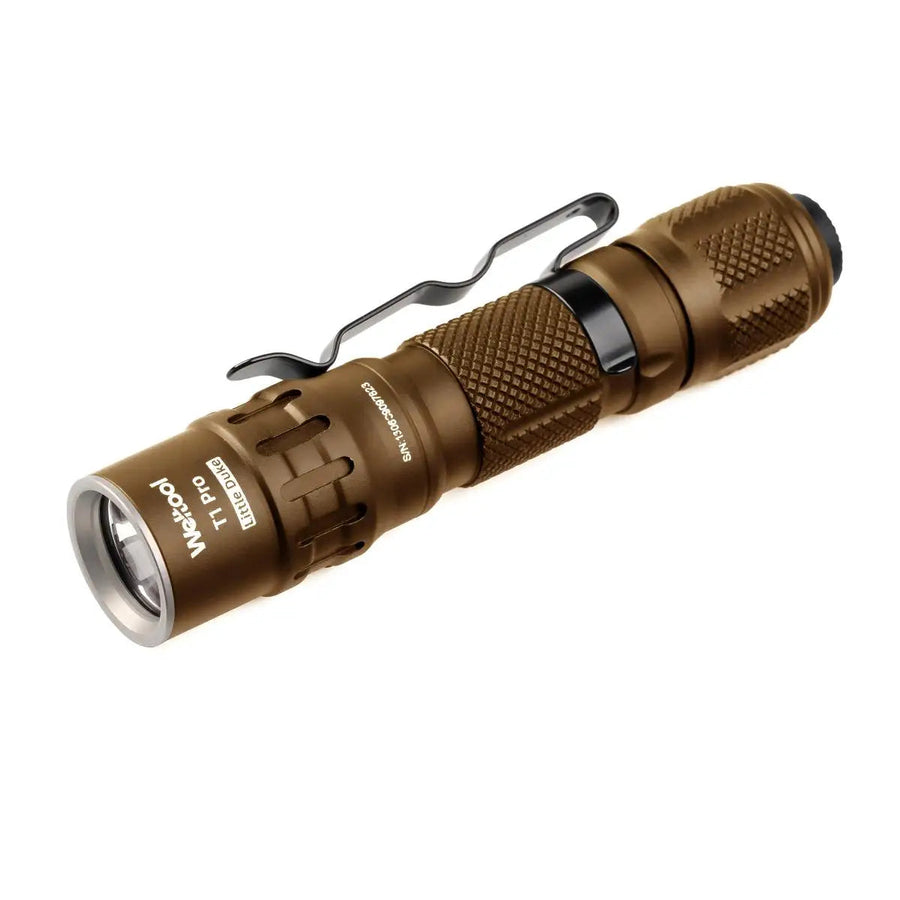 Brown flashlight with a clip on a white background