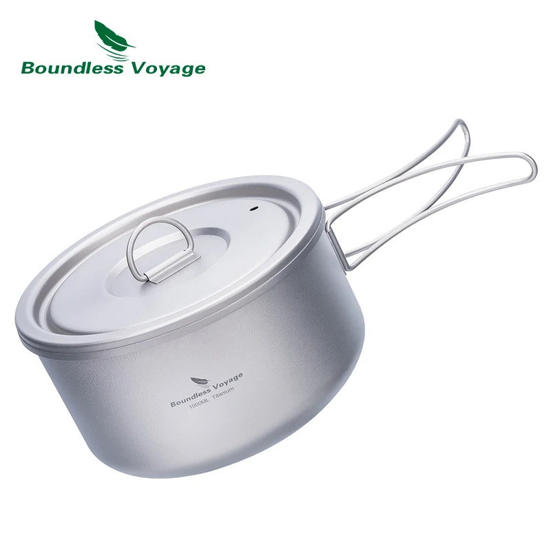 Camping pot with lid and carrying handle on a white background, featuring Boundless Voyage brand.