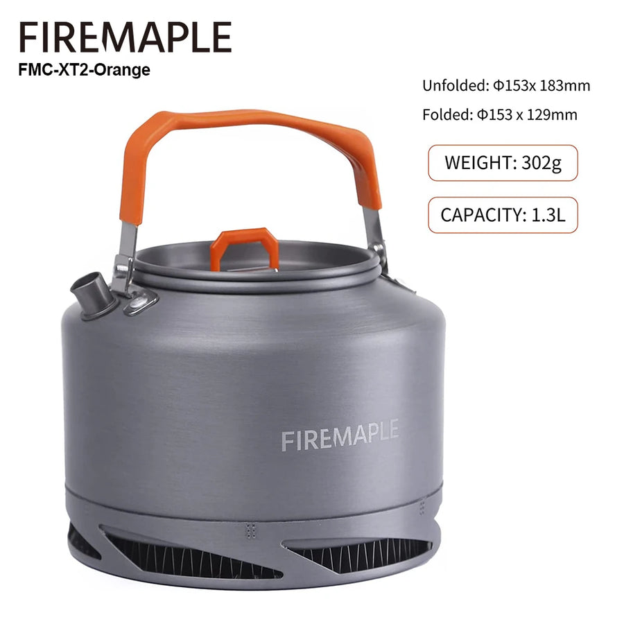 Gray camping kettle with orange handle and Firemaple branding on a white background