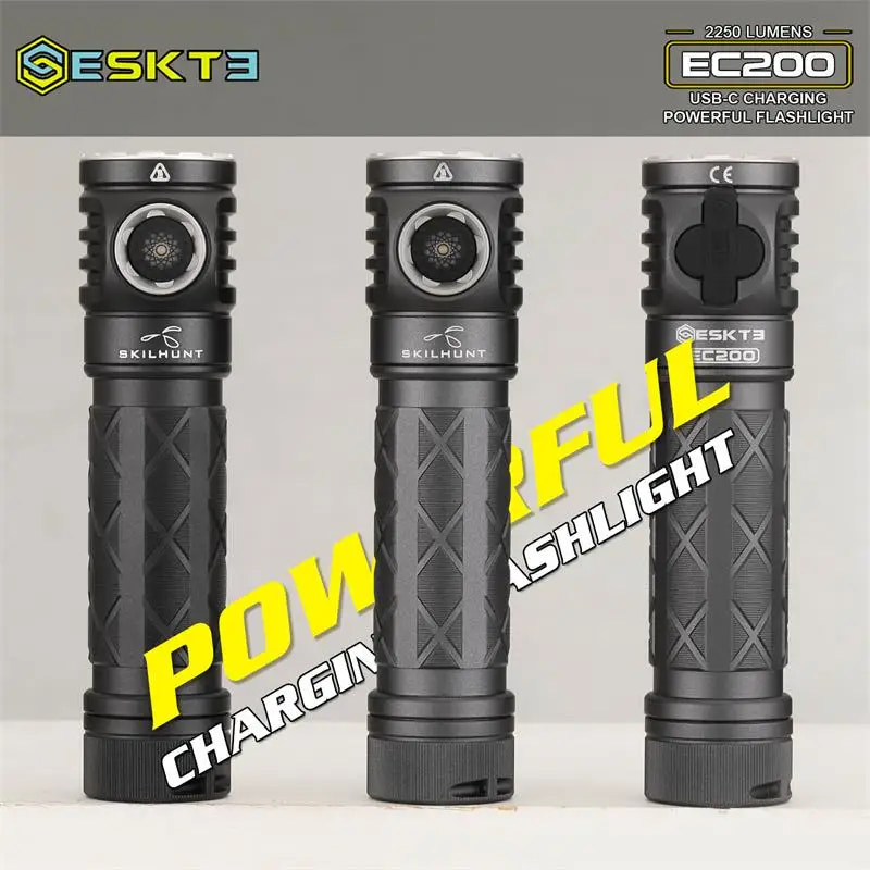 Three black flashlights with branding and text on a gray background