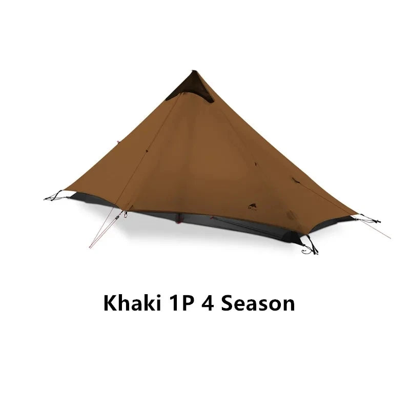 Khaki-colored tent labeled 'Khaki 1P 4 Season' on a white background
