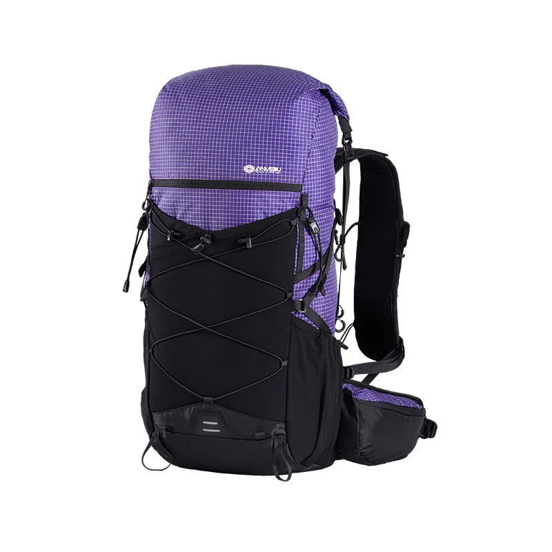 Purple and black backpack on a white background