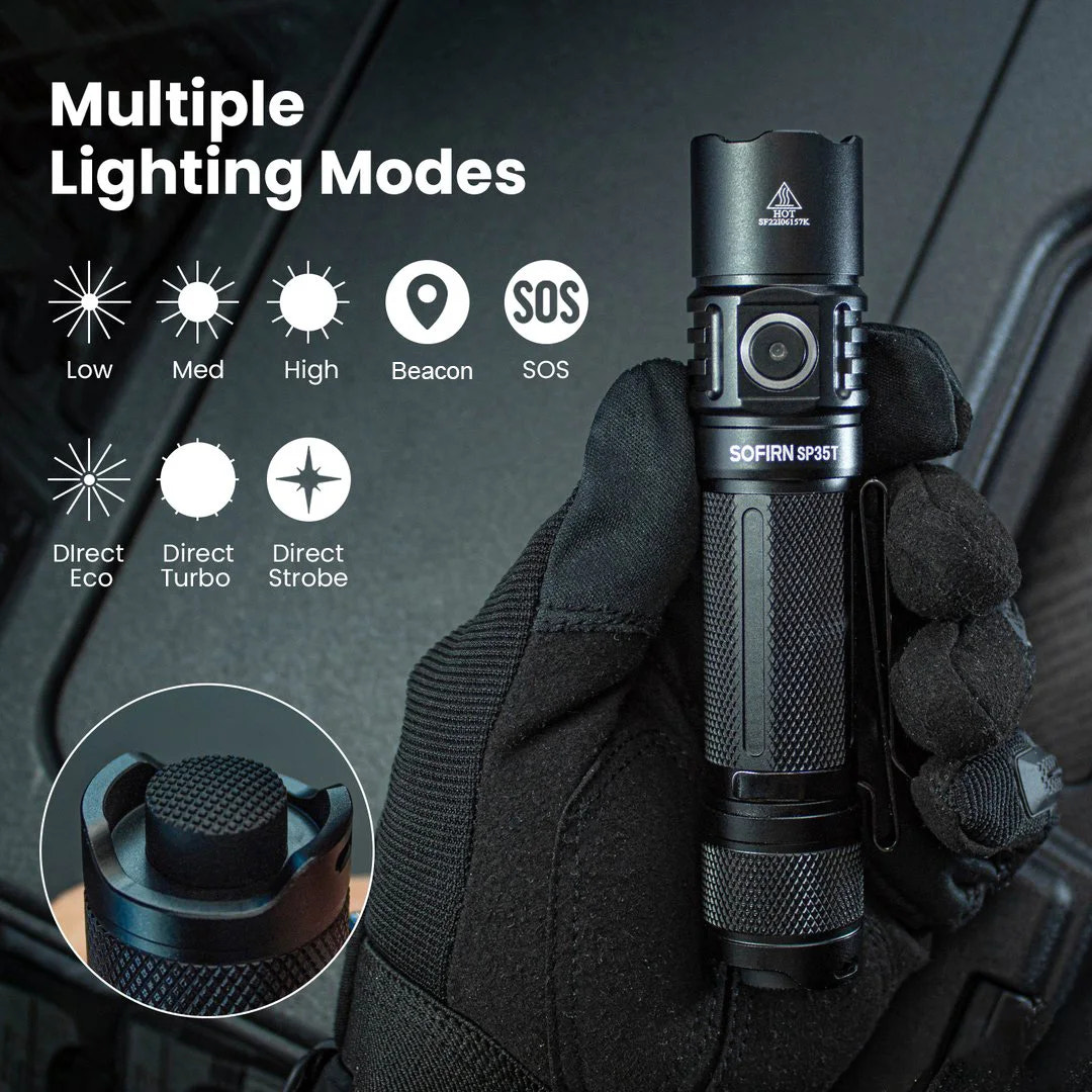 Black flashlight held in a gloved hand with lighting mode icons displayed.