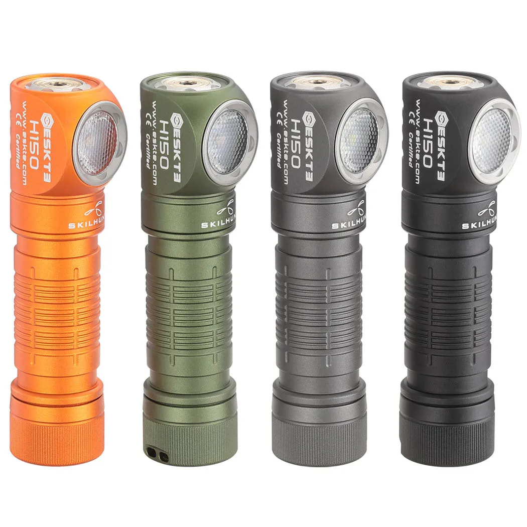Four flashlights in orange, green, gray, and black on a white background