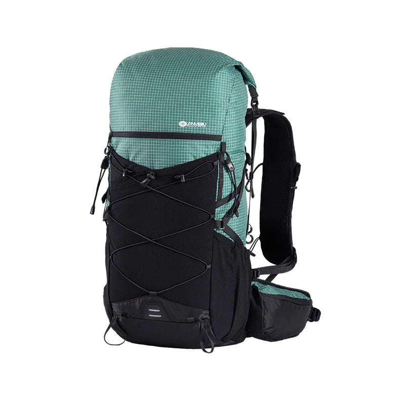 Green and black backpack on a white background