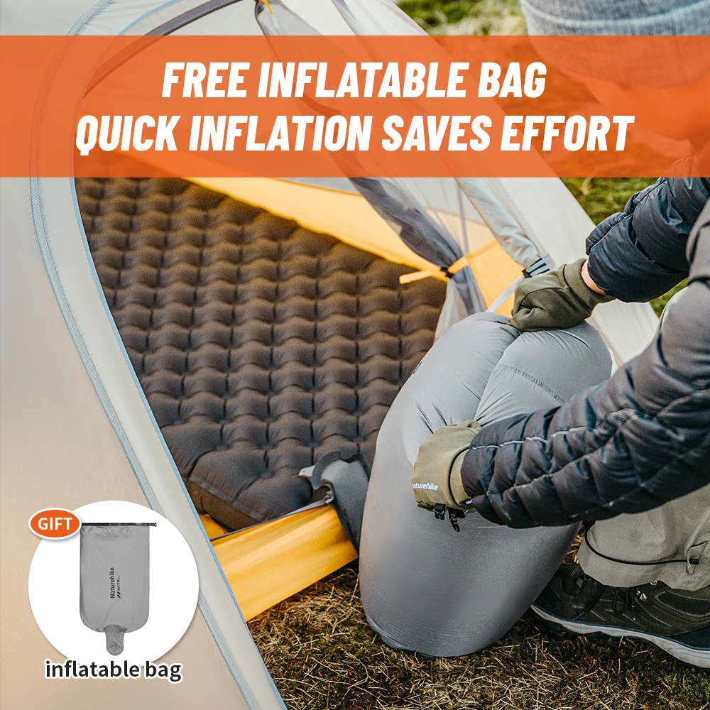 Person setting up a camping mattress with an inflatable bag, promotional text overlay.