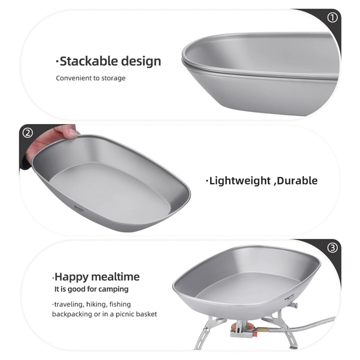 Stackable metal trays with features highlighted on a white background