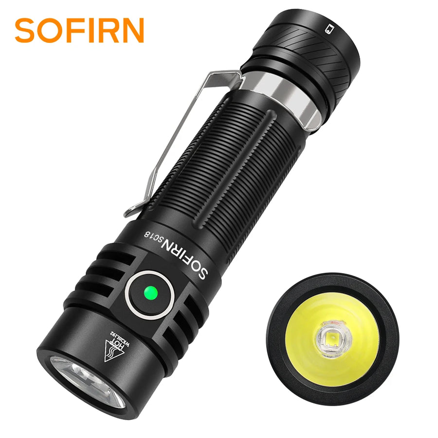 Black flashlight with SOFIRN branding on a white background