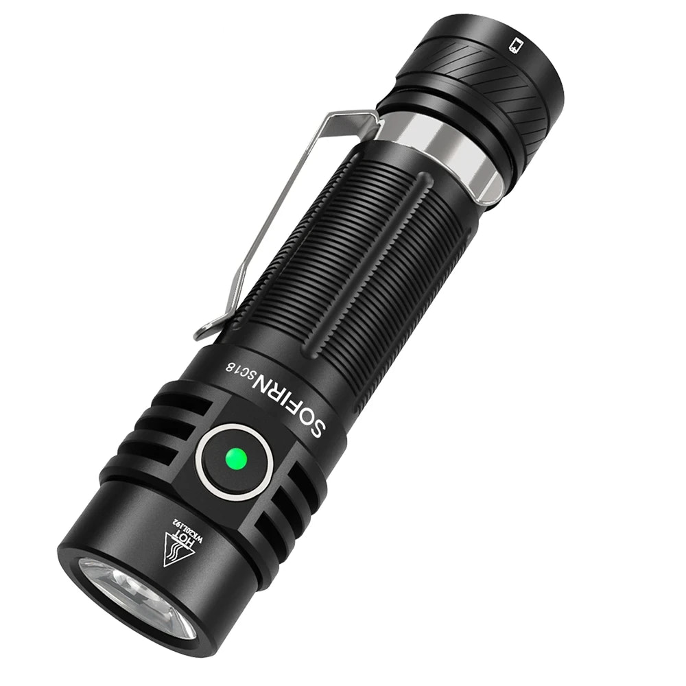 Black Sofirn SC18 flashlight with green light on a white background