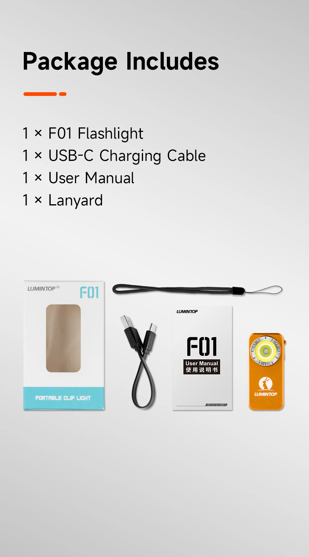 Product package with F01 flashlight, USB-C charging cable, user manual, and lanyard on a white background.