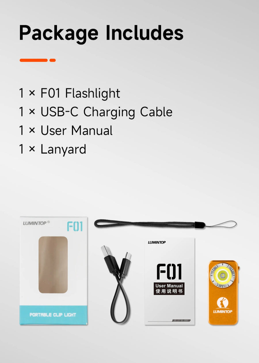 Product package with F01 flashlight, USB-C charging cable, user manual, and lanyard on a white background.