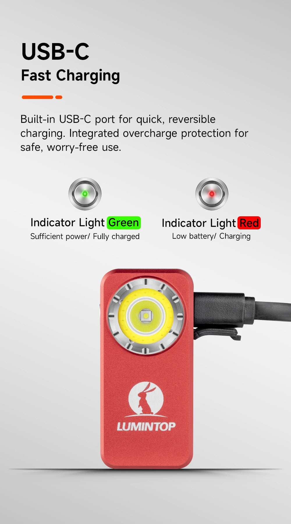 Red LuminTop device with USB-C charging feature and indicator lights on a gray background