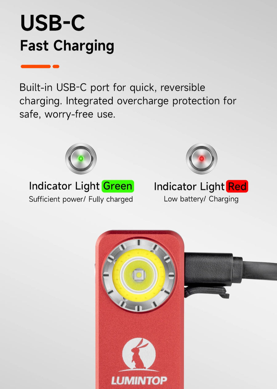Red LuminTop device with USB-C charging feature and indicator lights on a gray background