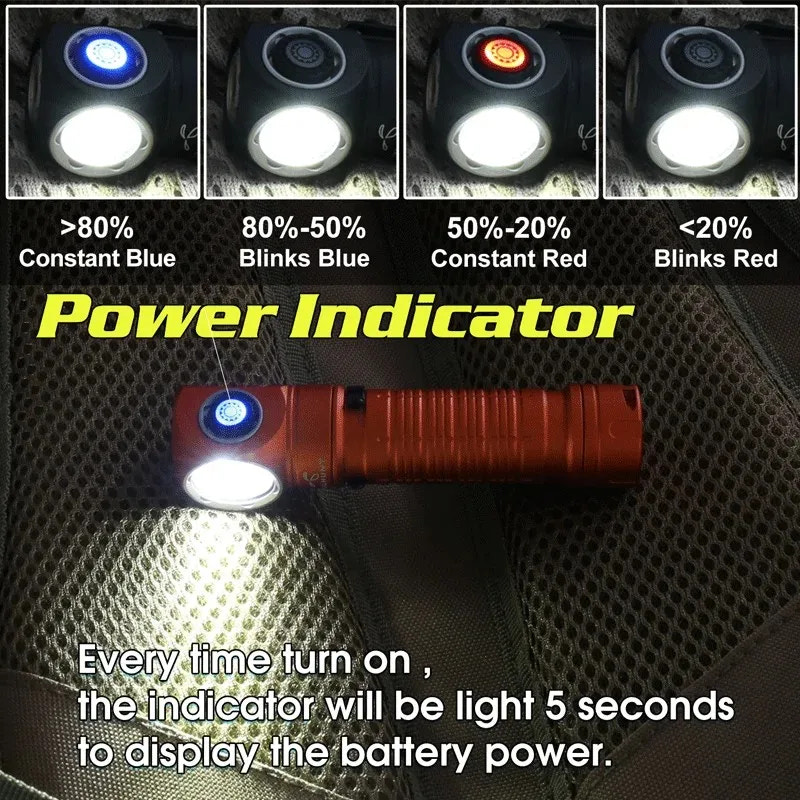 Flashlight with power indicator showing battery status on a textured surface.
