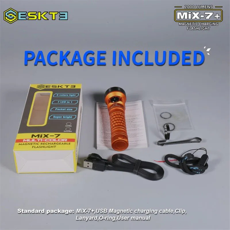 Skilhunt flashlight package with box, flashlight, USB cable, and accessories on a gray background