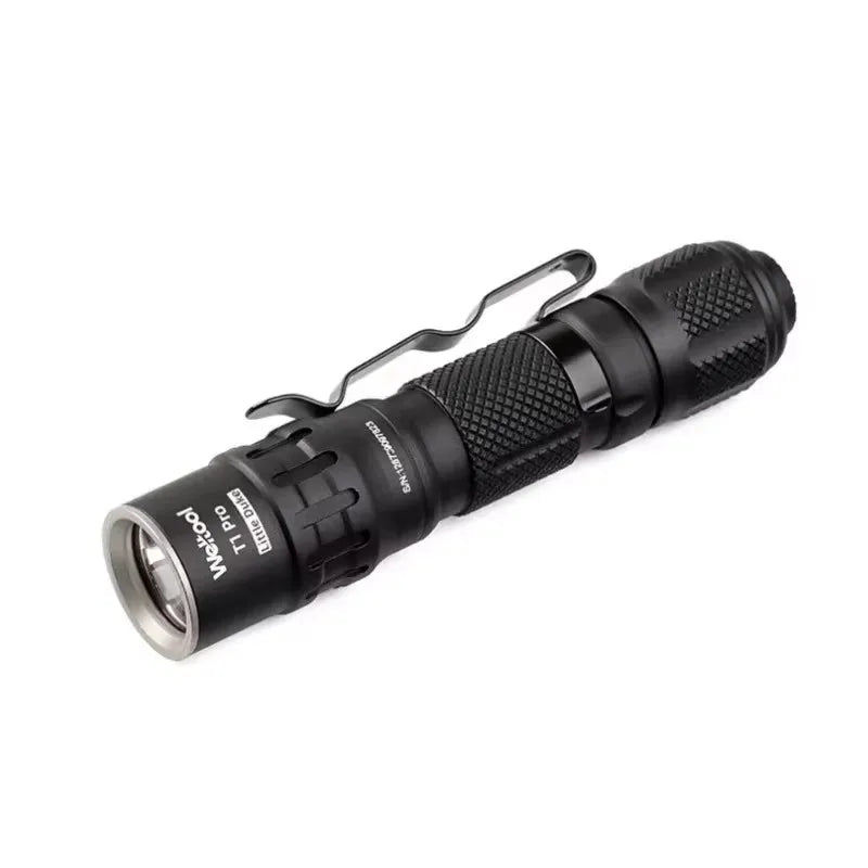 Black flashlight with visible brand name on a white background