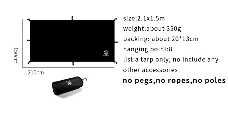 Black tarp with dimensions, weight, and packaging details on a white background