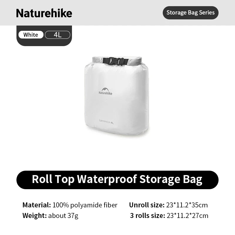 White roll top waterproof storage bag with Naturehike branding on a gray background