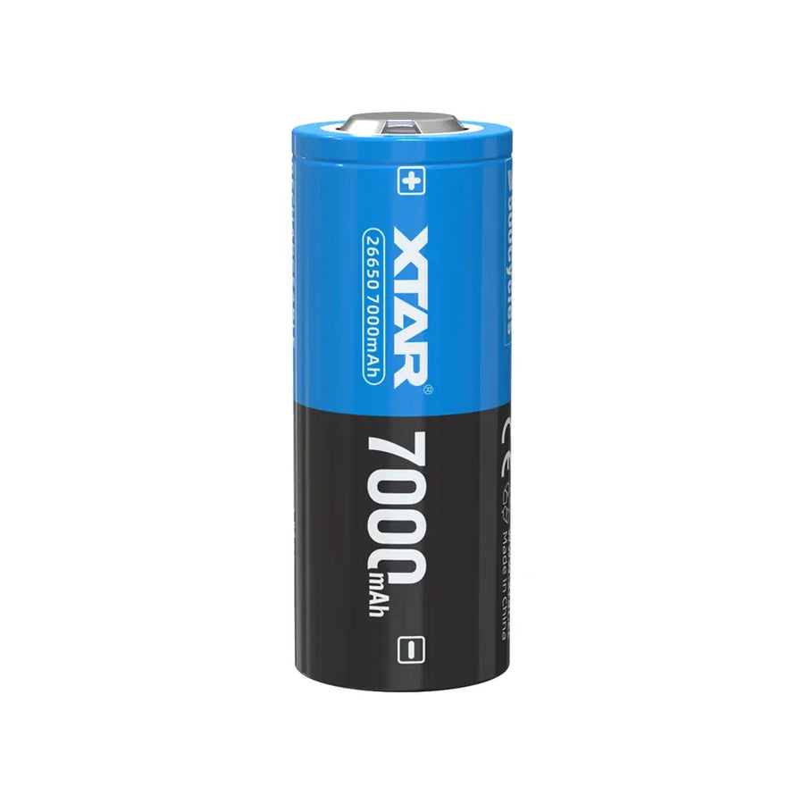 Blue and black battery with Xtar branding on a white background