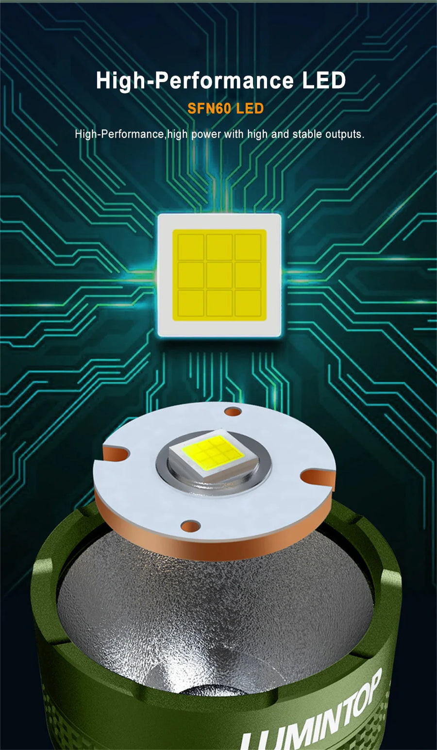 High-performance LED with circuit board design on a dark background