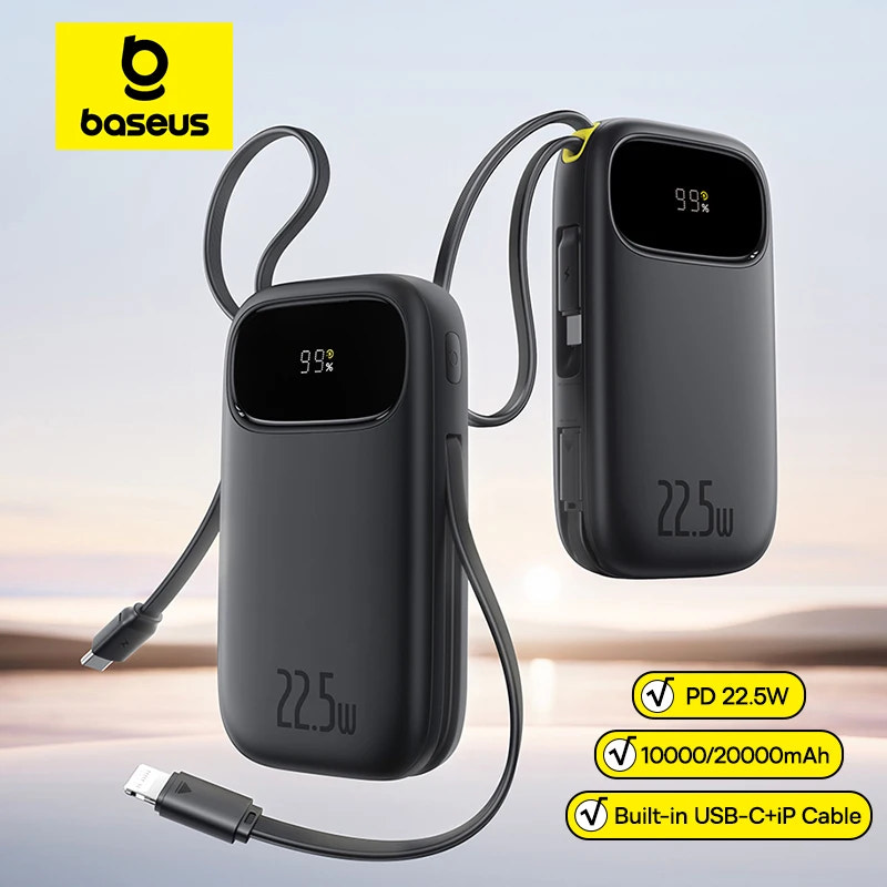 Baseus power bank with digital display and USB-C cable on a gradient background