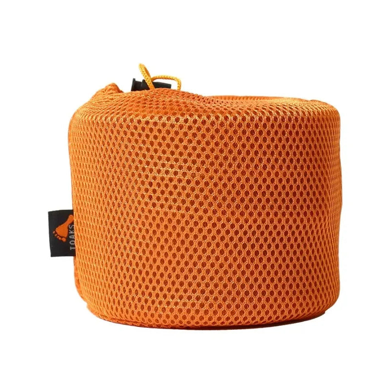 Orange mesh storage bag with a brand tag on a white background