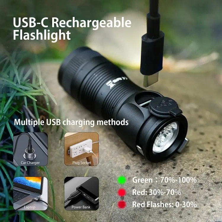 USB-C rechargeable flashlight with charging methods and battery level indicator on a natural background