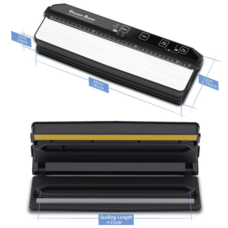 Vacuum sealer with dimensions labeled on a white background